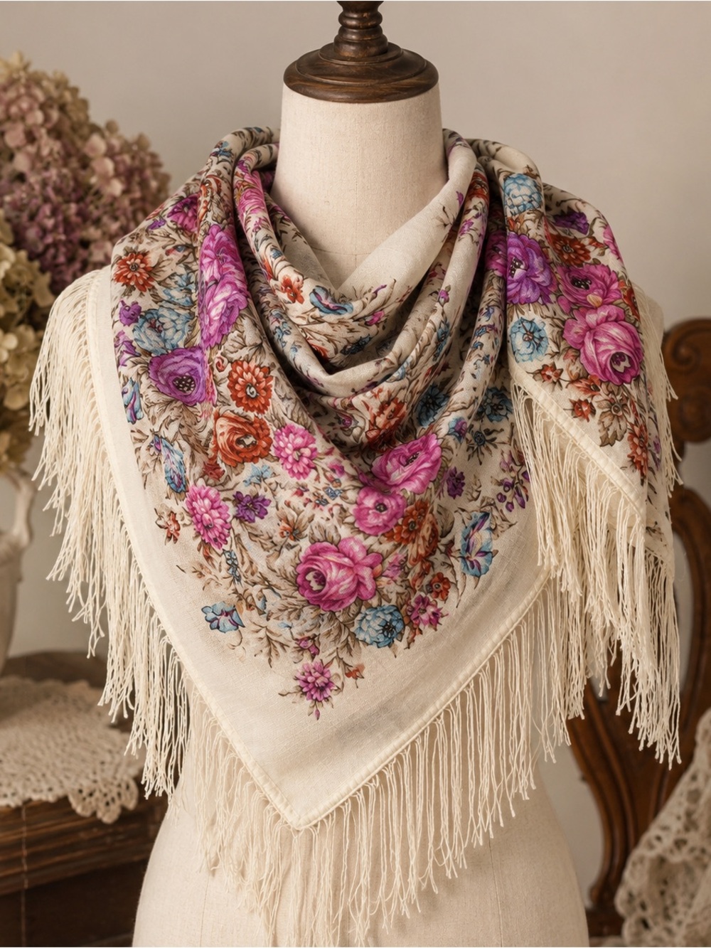 Vintage Russian 100% Wool Floral Scarf